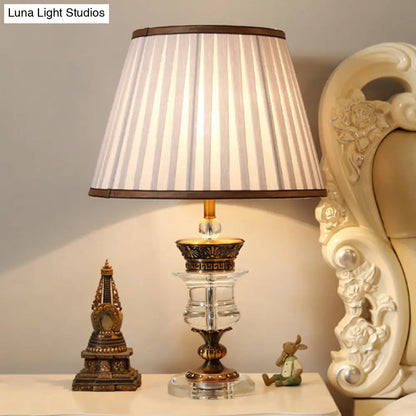 Beige Fabric Table Lamp with Crystal Base - Single Bulb Tapered Night Light, Traditional Style