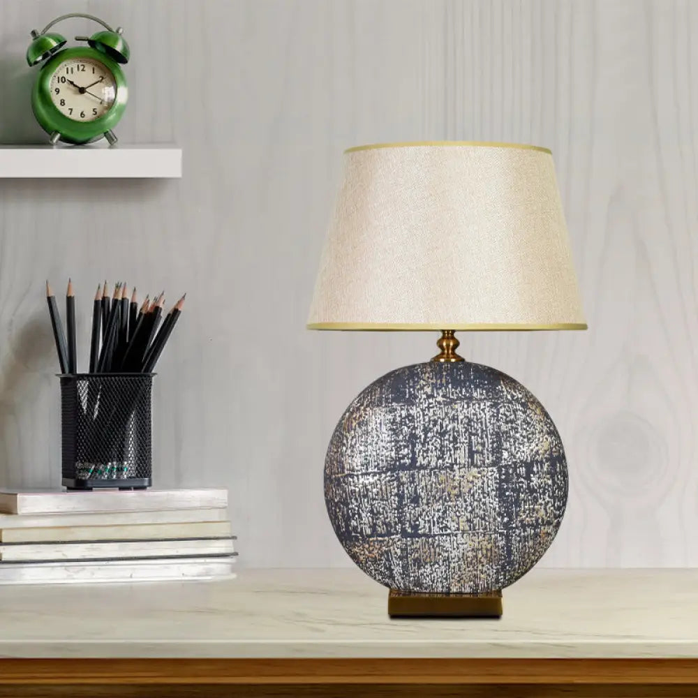Beige Fabric Tapered Table Lamp for Living Room Nightstand with Distressed Round Base