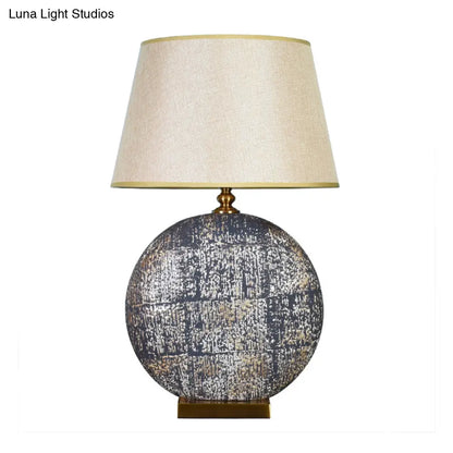 Beige Fabric Tapered Table Lamp for Living Room Nightstand with Distressed Round Base