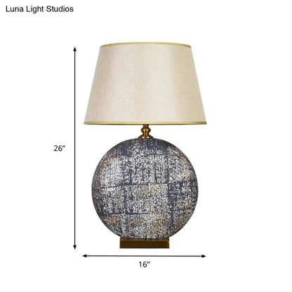 Beige Fabric Tapered Table Lamp for Living Room Nightstand with Distressed Round Base
