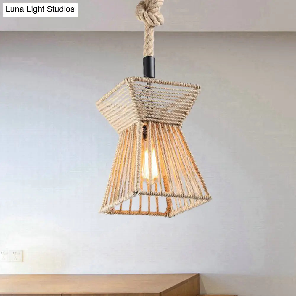 Beige Farmhouse Ceiling Light with Rope Detail - 1-Bulb Pendant Lamp for Coffee Shops - 8" or 15" Wide