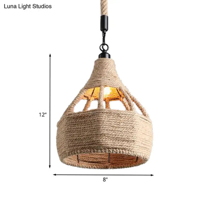 Beige Farmhouse Ceiling Light with Rope Detail - 1-Bulb Pendant Lamp for Coffee Shops - 8" or 15" Wide