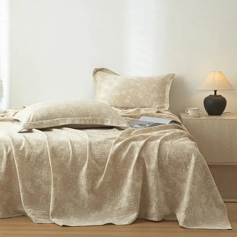 Beige fern leaf cotton linen bed sheet set with subtle floral embroidery for bedroom bedding use