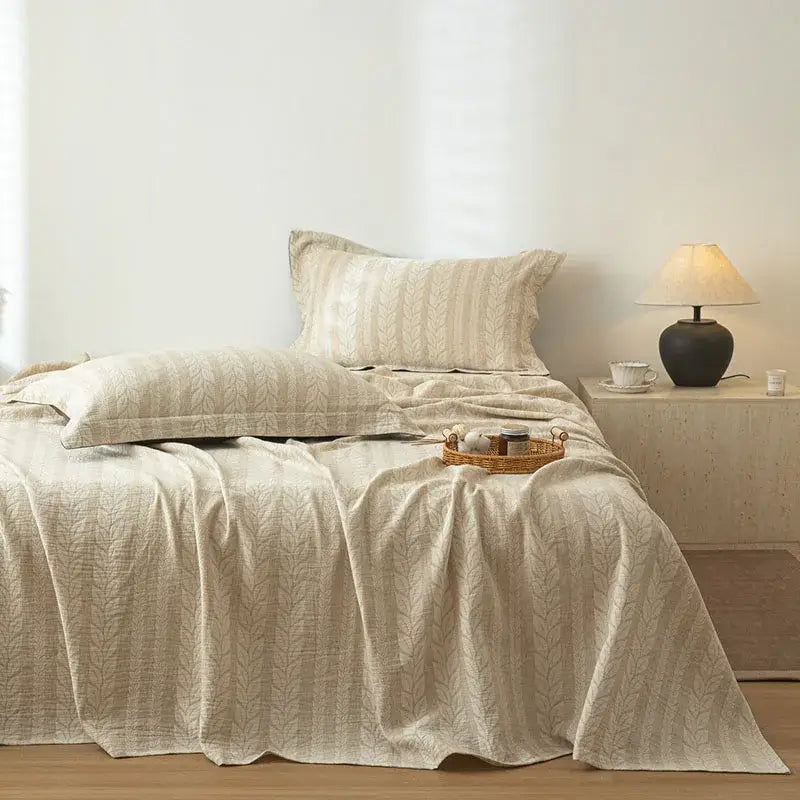 Beige fern leaf cotton linen bed sheet set with subtle leaf-patterned embroidery for bedroom bedding