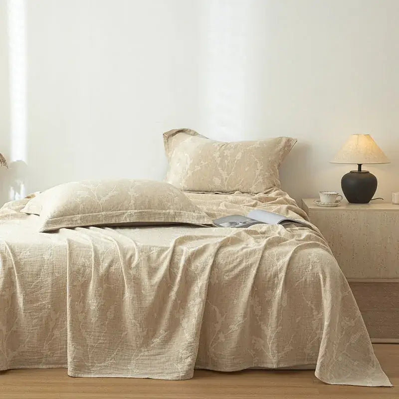 Beige fern leaf cotton linen bed sheet set with subtle leaf pattern for bedroom bedding and sheet set use