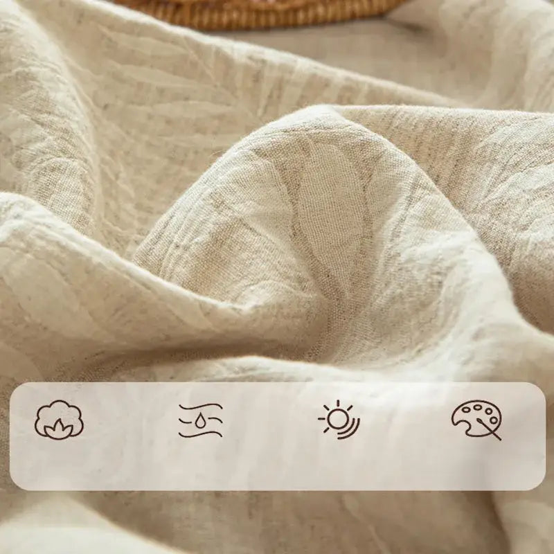 Beige fern leaf cotton linen bed sheet set showing textured cotton fabric with subtle woven pattern for bedroom bedding
