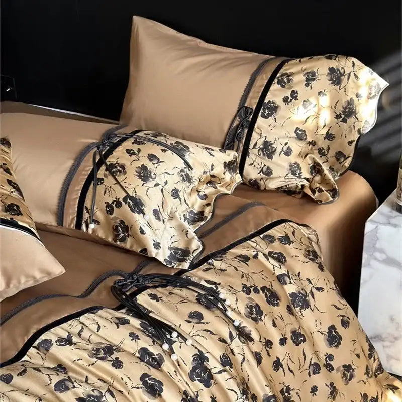 Beige floral satin cotton patchwork bedding set with black embroidery and dark trim for elegant bedroom decorbites linens