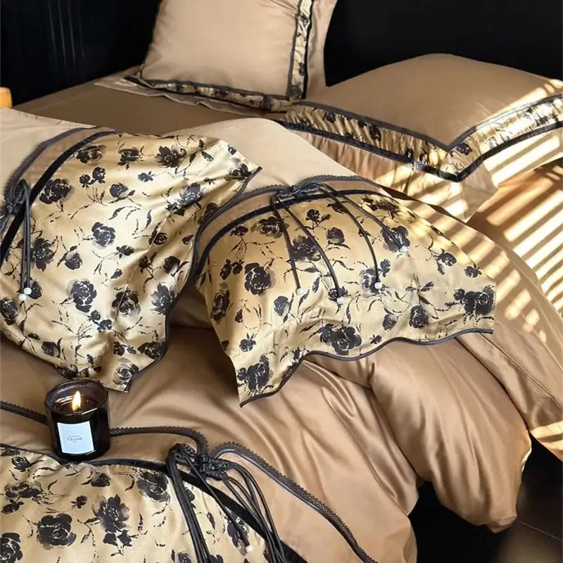Beige floral satin cotton patchwork bedding set with black embroidery and ruffled edges for bedroom decorbites cotton patchwork