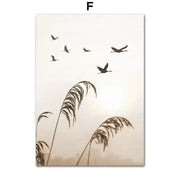 DecorBites beige flower grass wall art canvas print featuring silhouetted birds in flight above tall wispy reeds