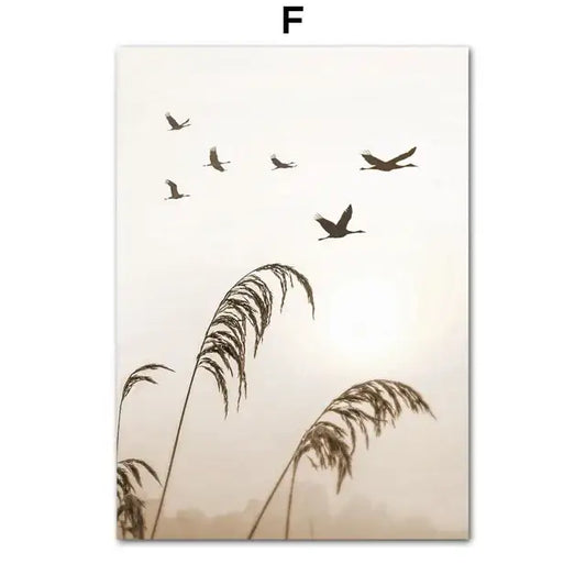 DecorBites beige flower grass wall art canvas print featuring silhouetted birds in flight above tall wispy reeds