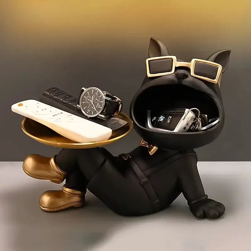 Black french bulldog resin statue wearing gold-rimmed sunglasses holding a gold tray for living room decorbites decor