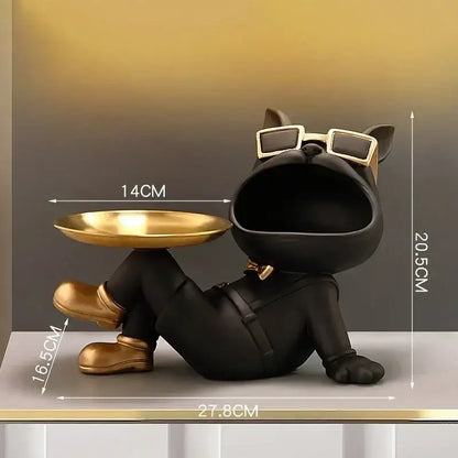 Beige french bulldog resin statue with gold tray featuring black french bulldog figurine wearing gold rimmed sunglasses decorbites french bulldog