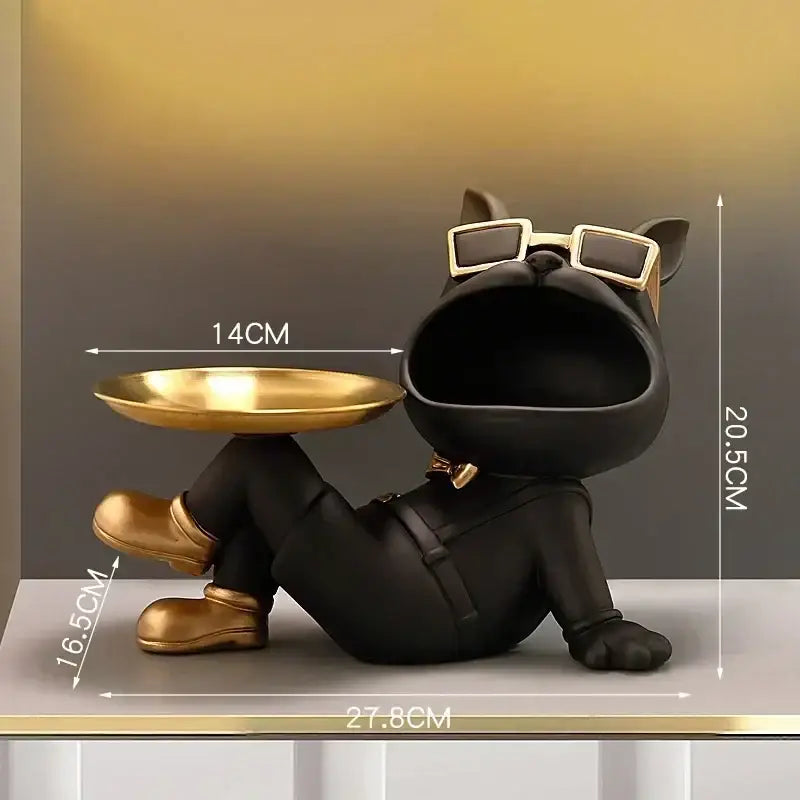 Beige french bulldog resin statue with gold tray featuring black french bulldog figurine wearing gold rimmed sunglasses decorbites french bulldog