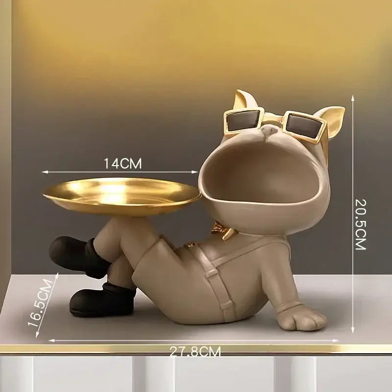 Beige french bulldog resin statue wearing gold-rimmed sunglasses and black boots holding a gold tray decorbites french bulldog