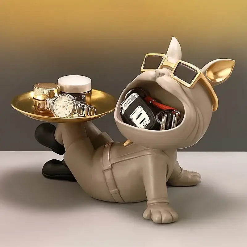 Beige french bulldog resin statue decorbites french bulldog holding gold tray with watches and key holder mouth decor
