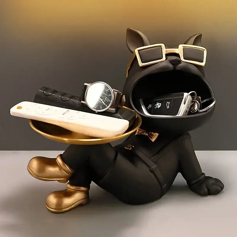 Black and gold decorbites french bulldog resin statue in formal attire with bow tie on gold tray for living room decor