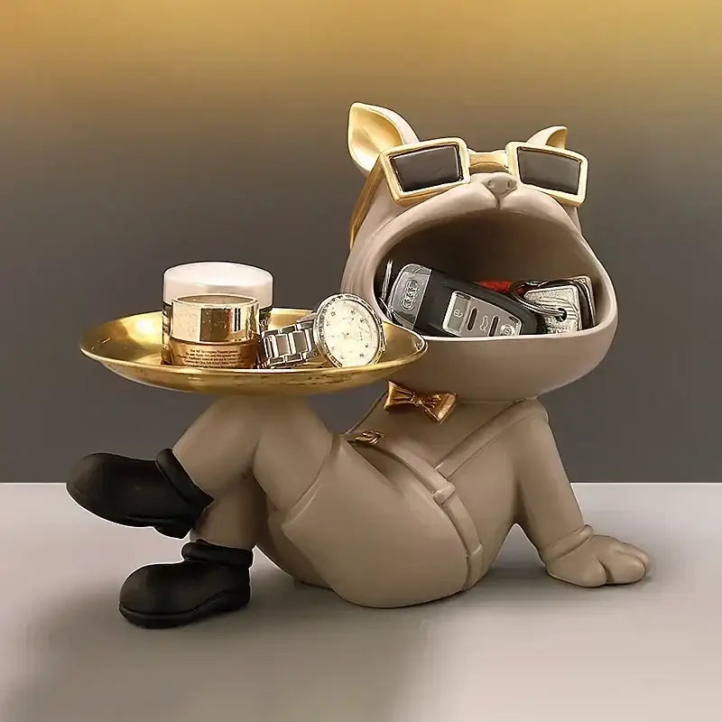 Beige french bulldog resin statue with gold tray wearing sunglasses and bow tie for decorbites french bulldog decor