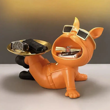 Beige french bulldog resin statue with gold tray holding accessories wearing sunglasses for living room decorbites french bulldog decor