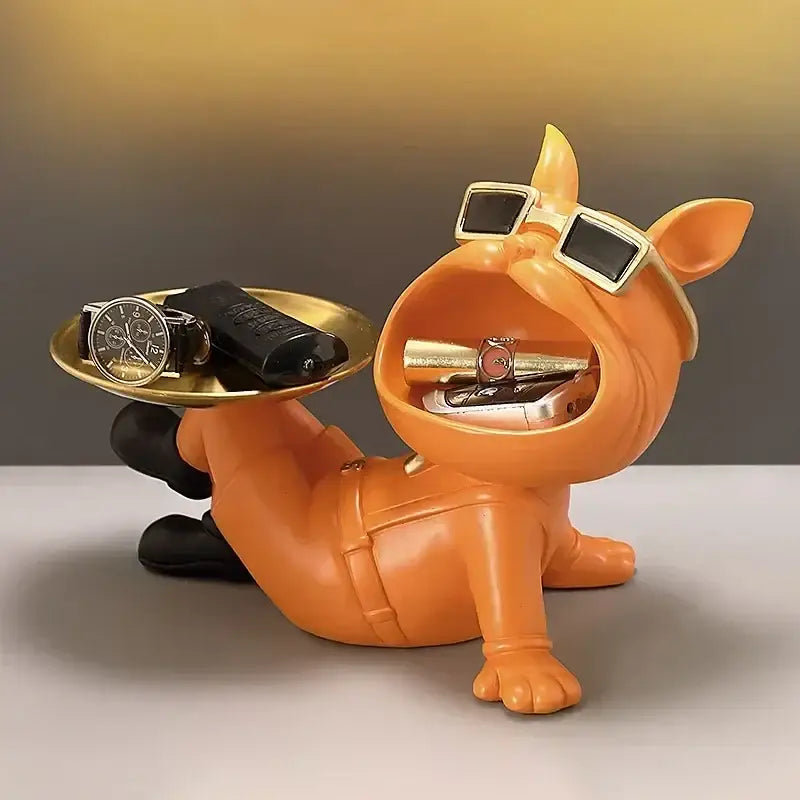 Beige french bulldog resin statue with gold tray holding accessories wearing sunglasses for living room decorbites french bulldog decor