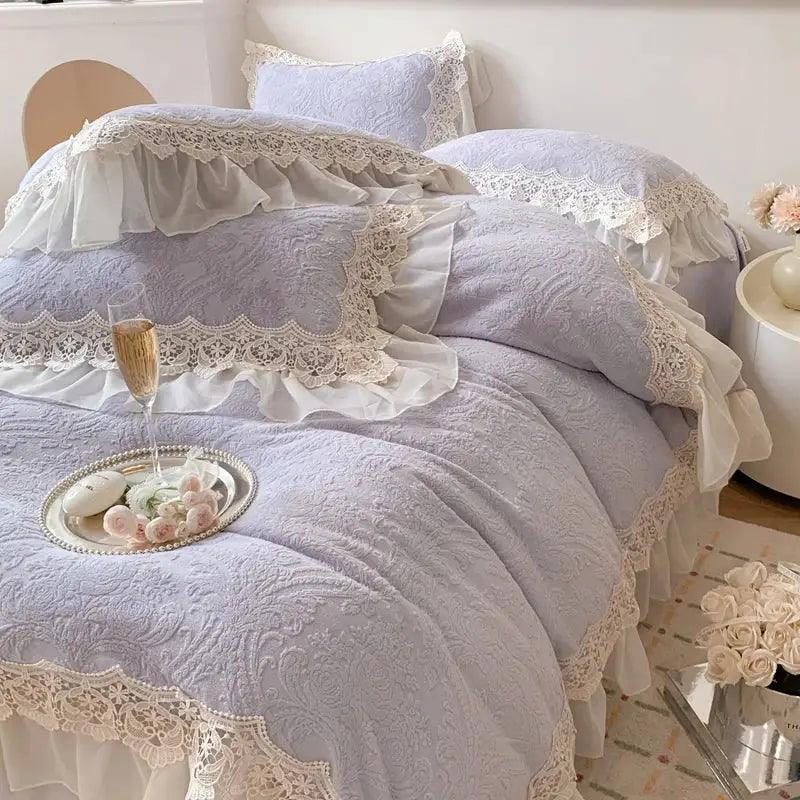 Beige velvet bedding set with lavender french lace ruffles and delicate embroidered patterns for decorbites french lace decor