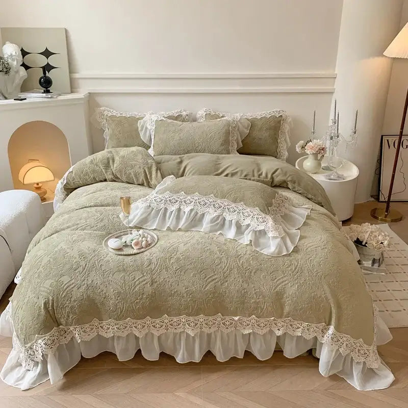 Soft sage green velvet bedding set with intricate french lace ruffles and delicate floral pattern for bedroom decorbites french lace decor