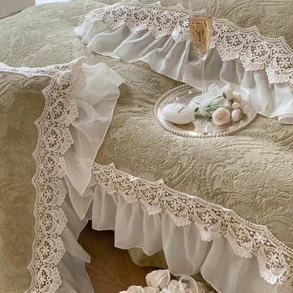 Beige french lace ruffles velvet bedding set with white lace ruffle bedspread featuring floral embroidery decorbites french lace
