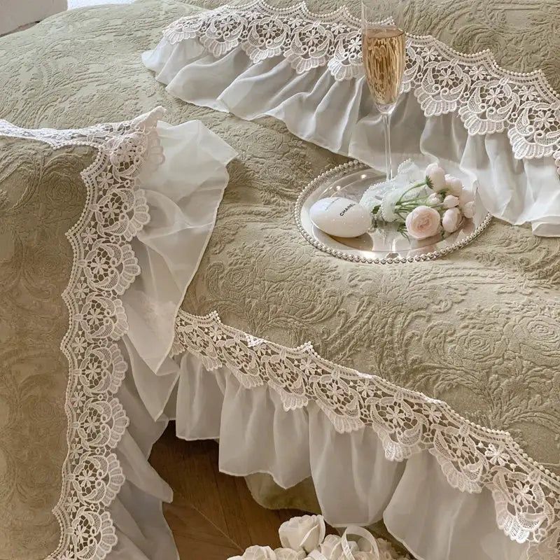 Beige french lace ruffles velvet bedding set with white lace ruffle bedspread featuring floral embroidery decorbites french lace