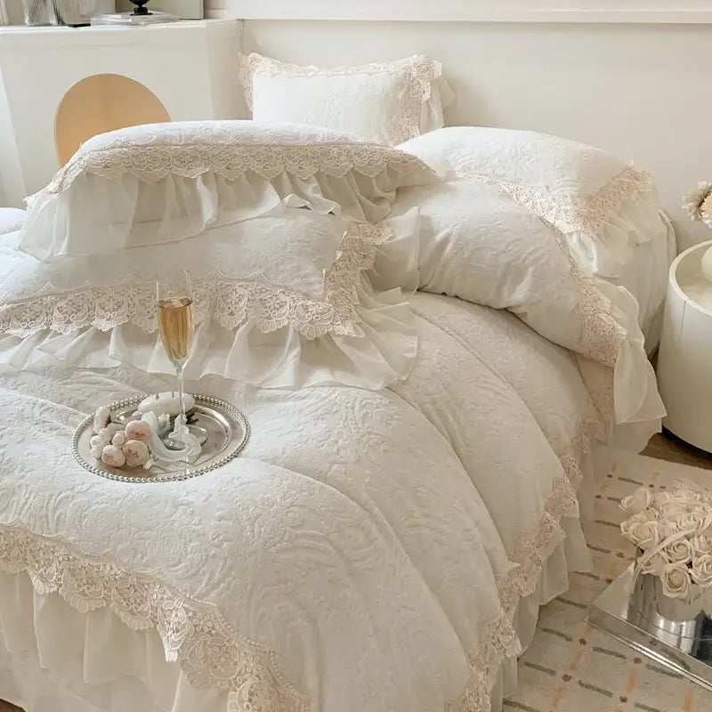 Beige french lace ruffles velvet bedding set featuring white lace-trimmed ruffles with delicate floral embroidery