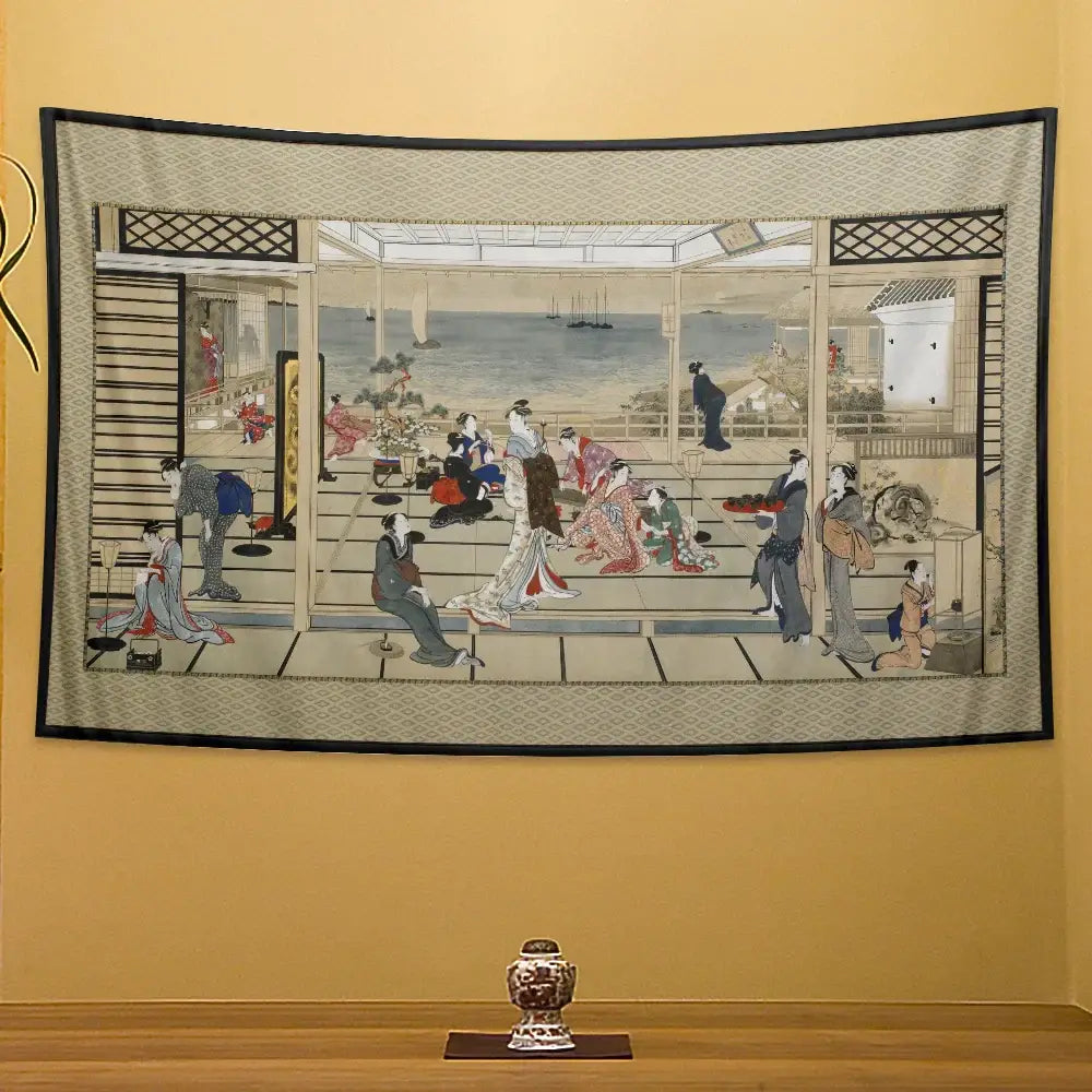 Beige geisha kanagawa print wall hanging tapestry featuring traditional veranda scene with black border and geometric patterns