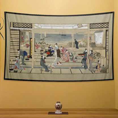 Beige geisha kanagawa print wall hanging tapestry featuring traditional veranda scene with black border and geometric patterns