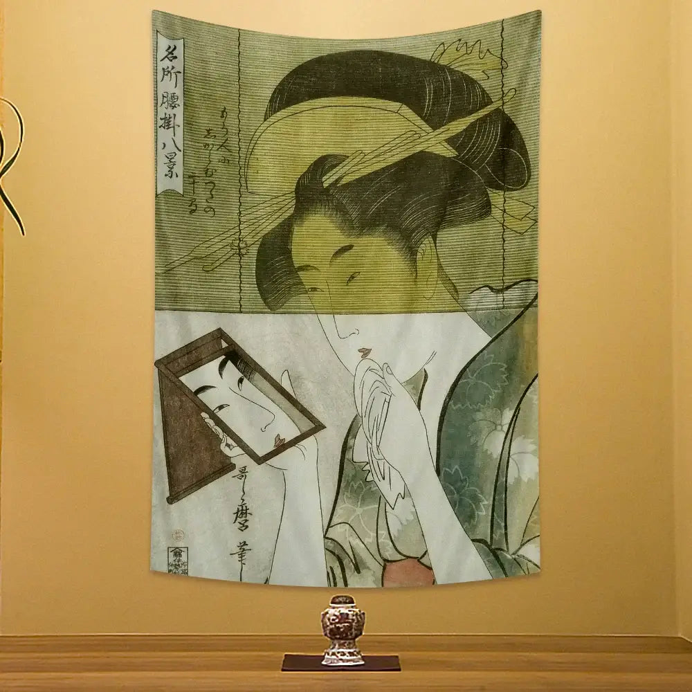 Beige geisha kanagawa print wall hanging fabric tapestry with vintage black and green woodblock design hanging above incense burner