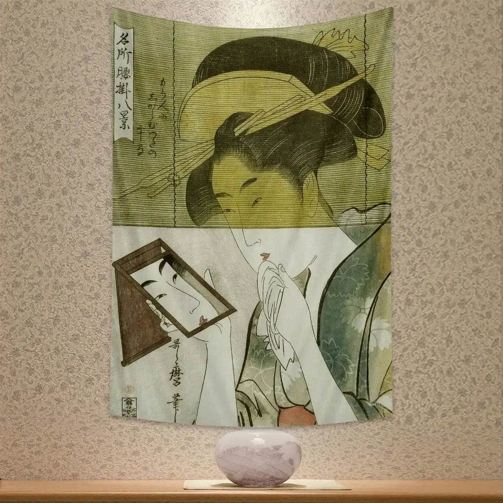 Beige geisha kanagawa print wall hanging tapestry with vintage woodblock design displayed above purple ceramic bowl