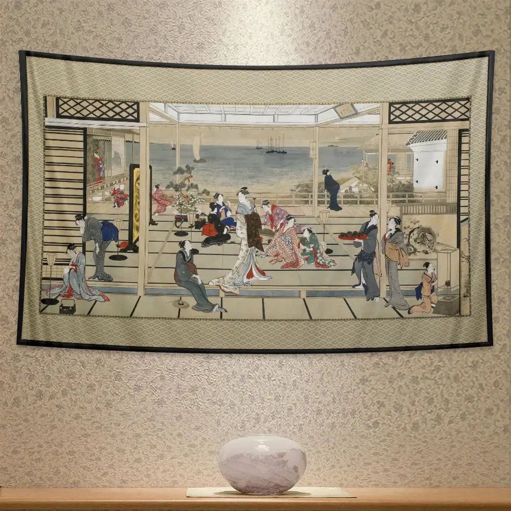 Beige geisha kanagawa print wall hanging featuring traditional attire scene on fabric tapestry for bedroom decor