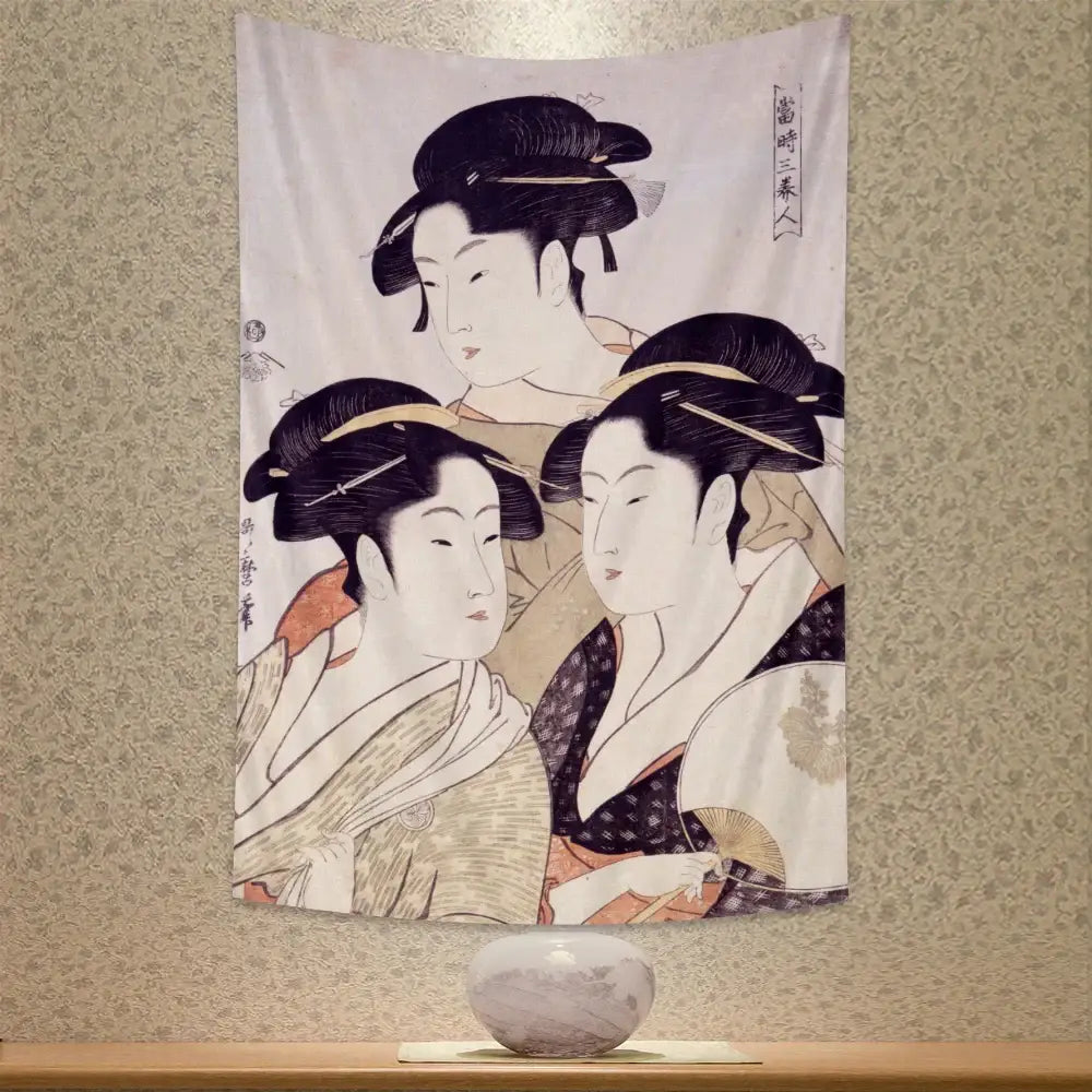 Beige soft fabric wall hanging featuring a traditional geisha kanagawa print with three elegant geishas in muted tones