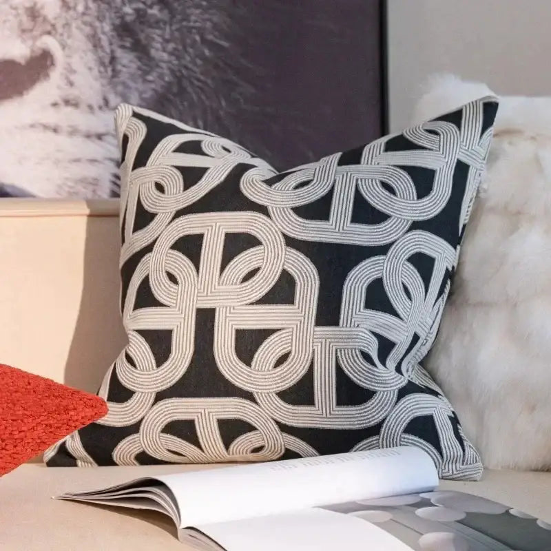 Beige geometric jacquard cushion cover with black and white geometric jacquard throw pillow for living room decorbites decor