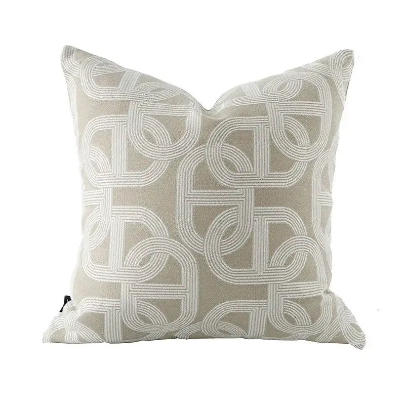 Beige cushion cover with subtle white geometric jacquard pattern for living room decorbites geometric jacquard cushion