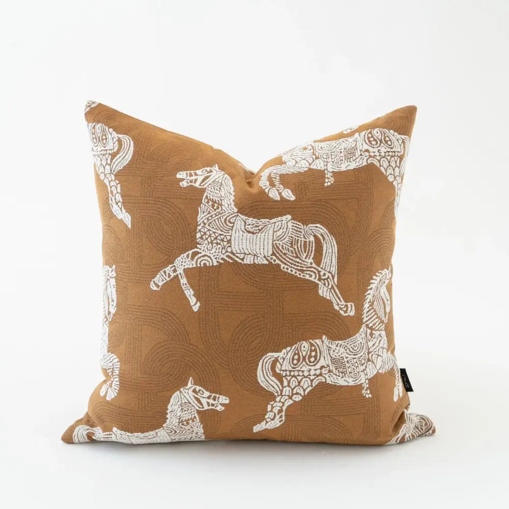 Brown throw pillow with embroidered white horses featuring decorbites geometric jacquard cushion cover design