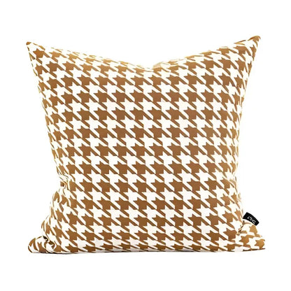 Beige geometric jacquard cushion cover with tan and white houndstooth pattern on textured fabric for living room decorbites geometric jacquard cushion