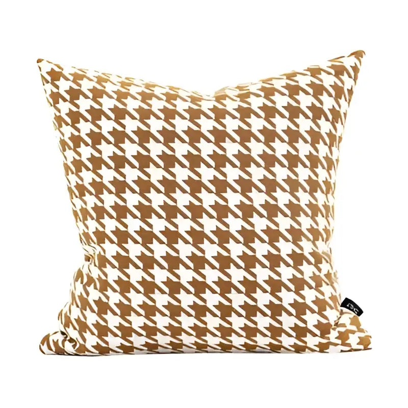 Beige geometric jacquard cushion cover with tan and white houndstooth pattern on textured fabric for living room decorbites geometric jacquard cushion