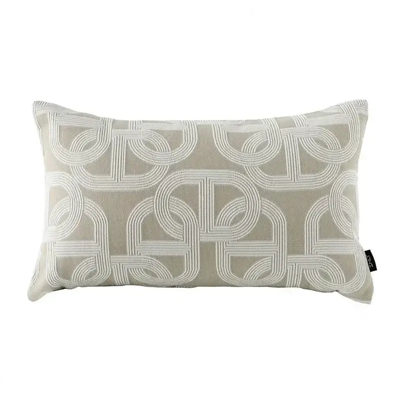 Beige geometric jacquard cushion cover with intricate white embroidered geometric jacquard pattern for living room decorbites accent