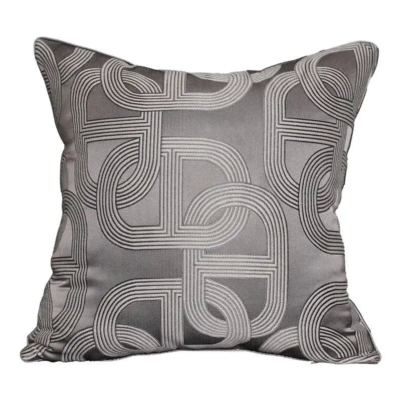 Gray throw pillow with intricate lighter gray geometric jacquard embroidery beige cushion cover decorbites geometric jacquard
