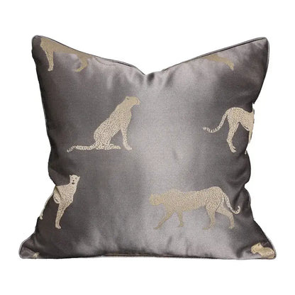 Gray satin cushion cover with beige embroidered cheetah silhouettes decorbites geometric jacquard cushion for living room