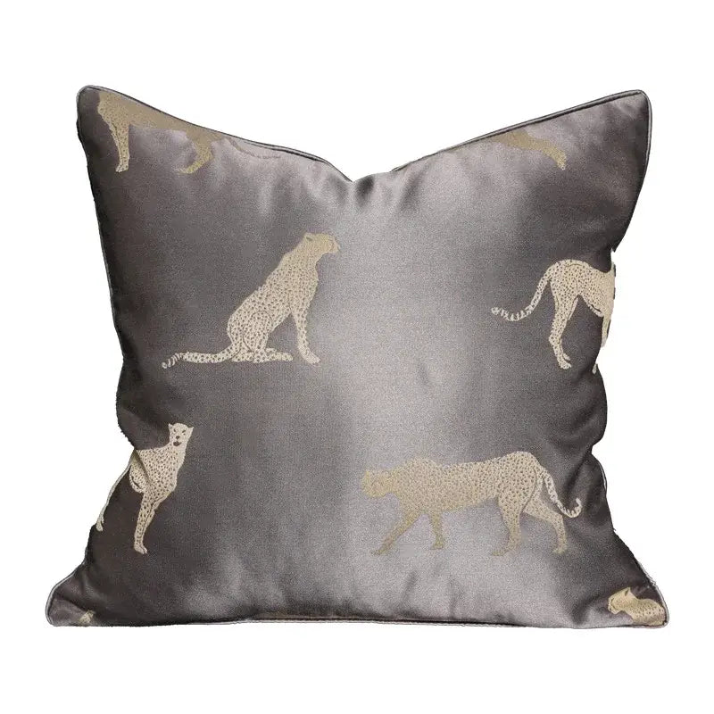 Gray satin cushion cover with beige embroidered cheetah silhouettes decorbites geometric jacquard cushion for living room