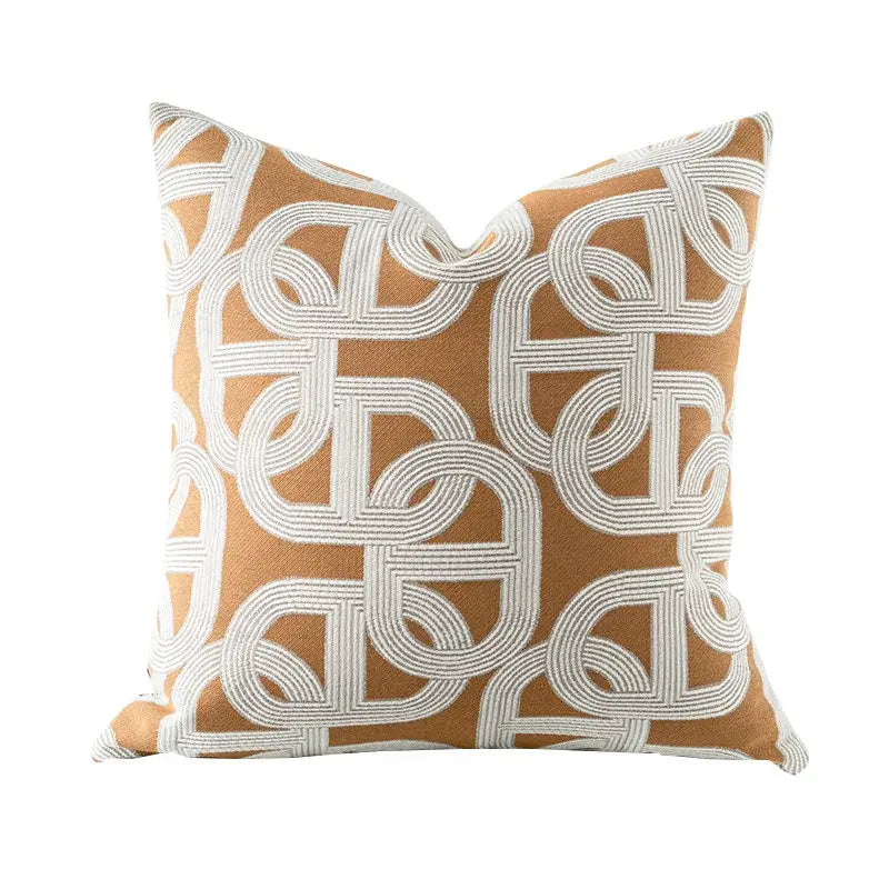 Tan throw pillow with a white embroidered geometric jacquard cushion cover for living room decorbites accent