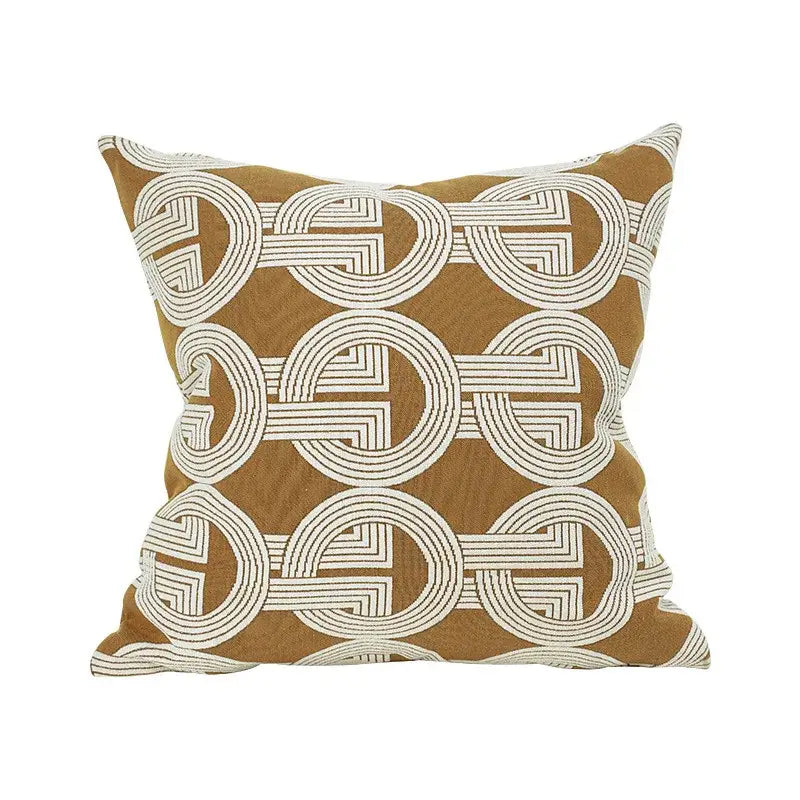 Tan throw pillow with cream geometric chain-link embroidery beige geometric jacquard cushion cover decorbites geometric jacquard