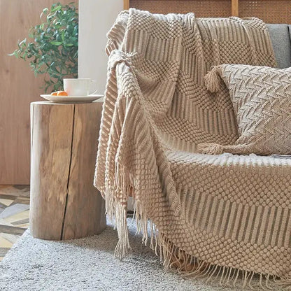 Beige decorbites 3d knitted tassel blanket with textured geometric knit patterns for bedroom throw decor
