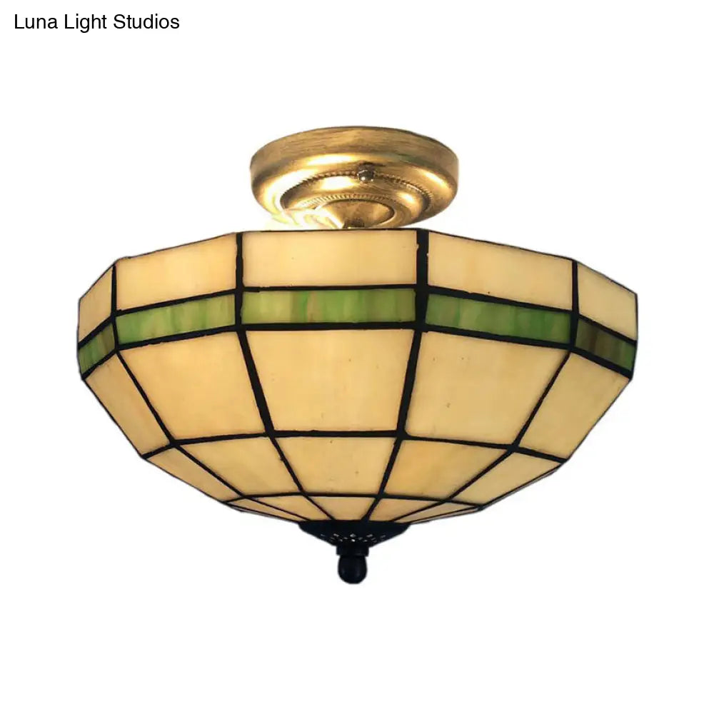 Beige Glass Bowl Semi Flushmount Indoor Light for Living Room - Traditional Style