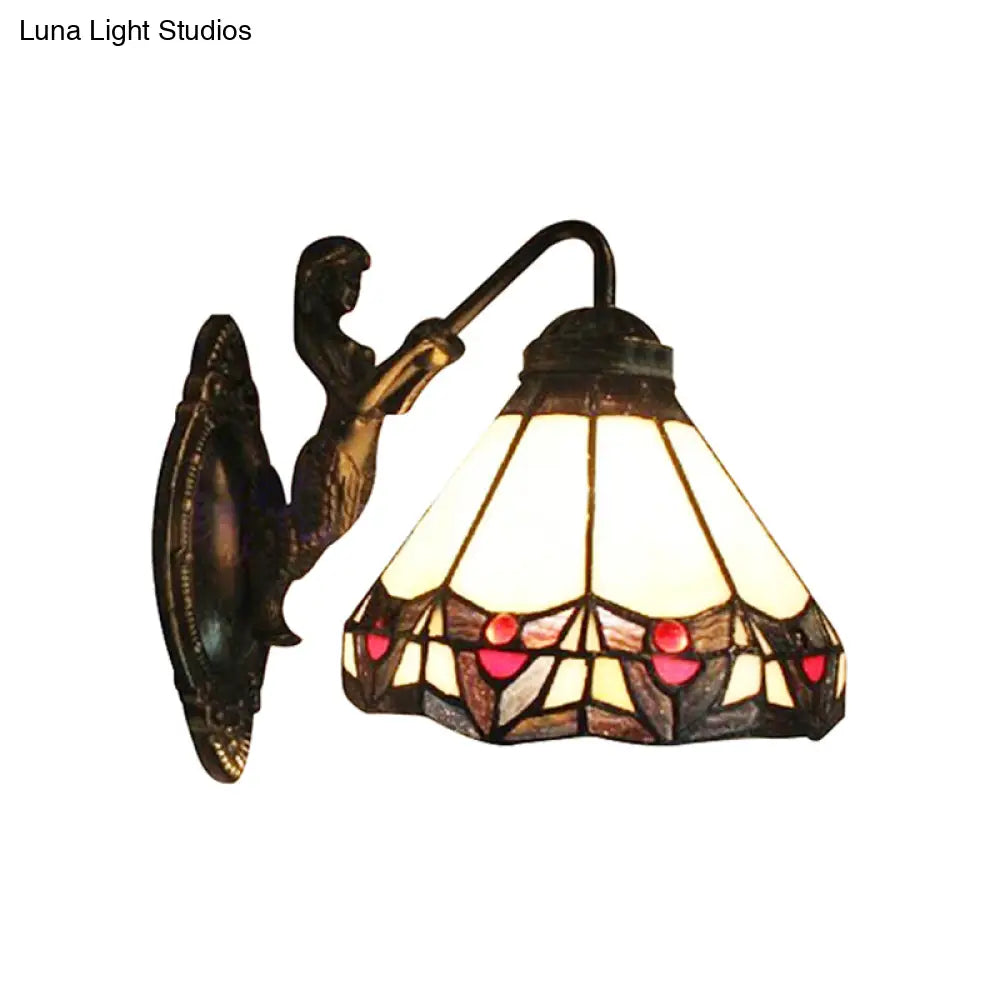 Beige Glass Cone Wall Light Tiffany Antique Bronze Sconce for Hallway