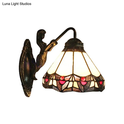 Beige Glass Cone Wall Light Tiffany Antique Bronze Sconce for Hallway