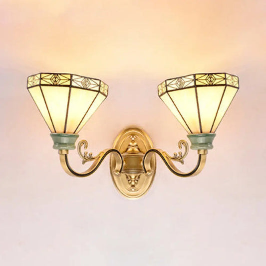 Beige Glass Cone Wall Sconce Lamp - Traditional 2-Head Lighting for Dining Room